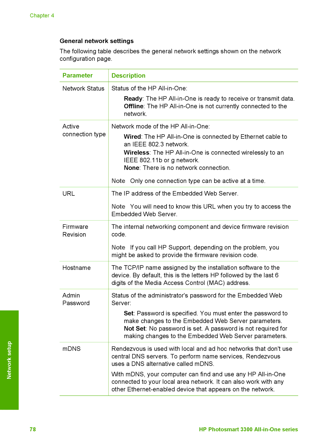 HP 3300 manual General network settings, Parameter Description 