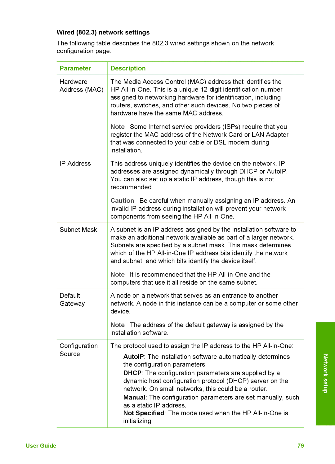 HP 3300 manual Wired 802.3 network settings, Parameter 