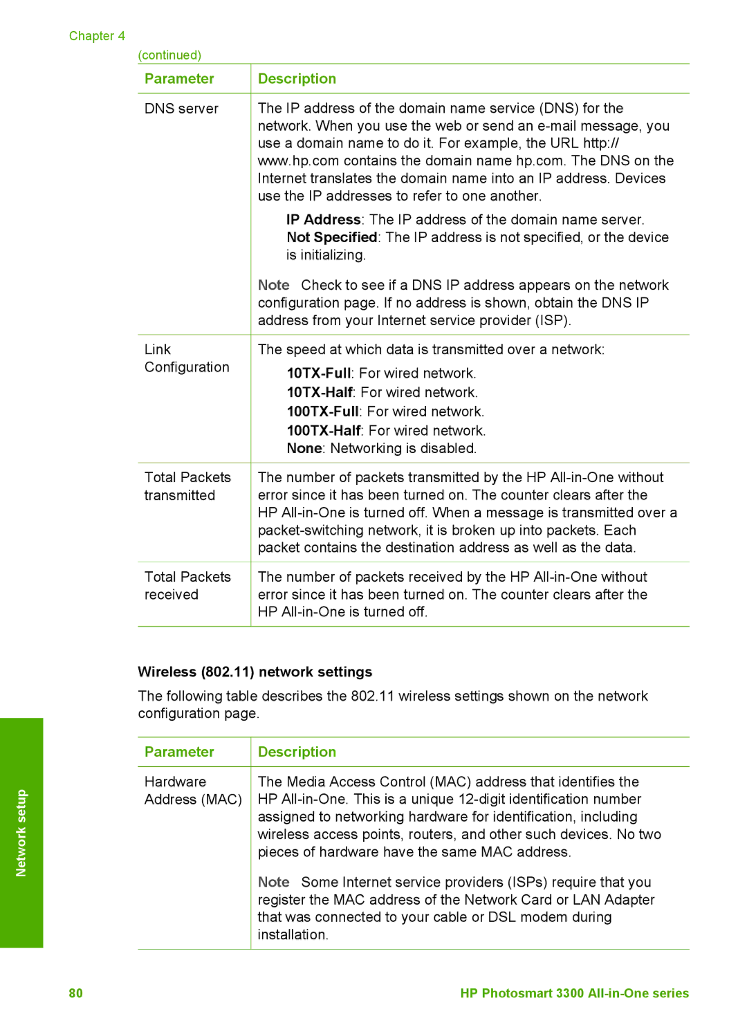 HP 3300 manual Wireless 802.11 network settings 