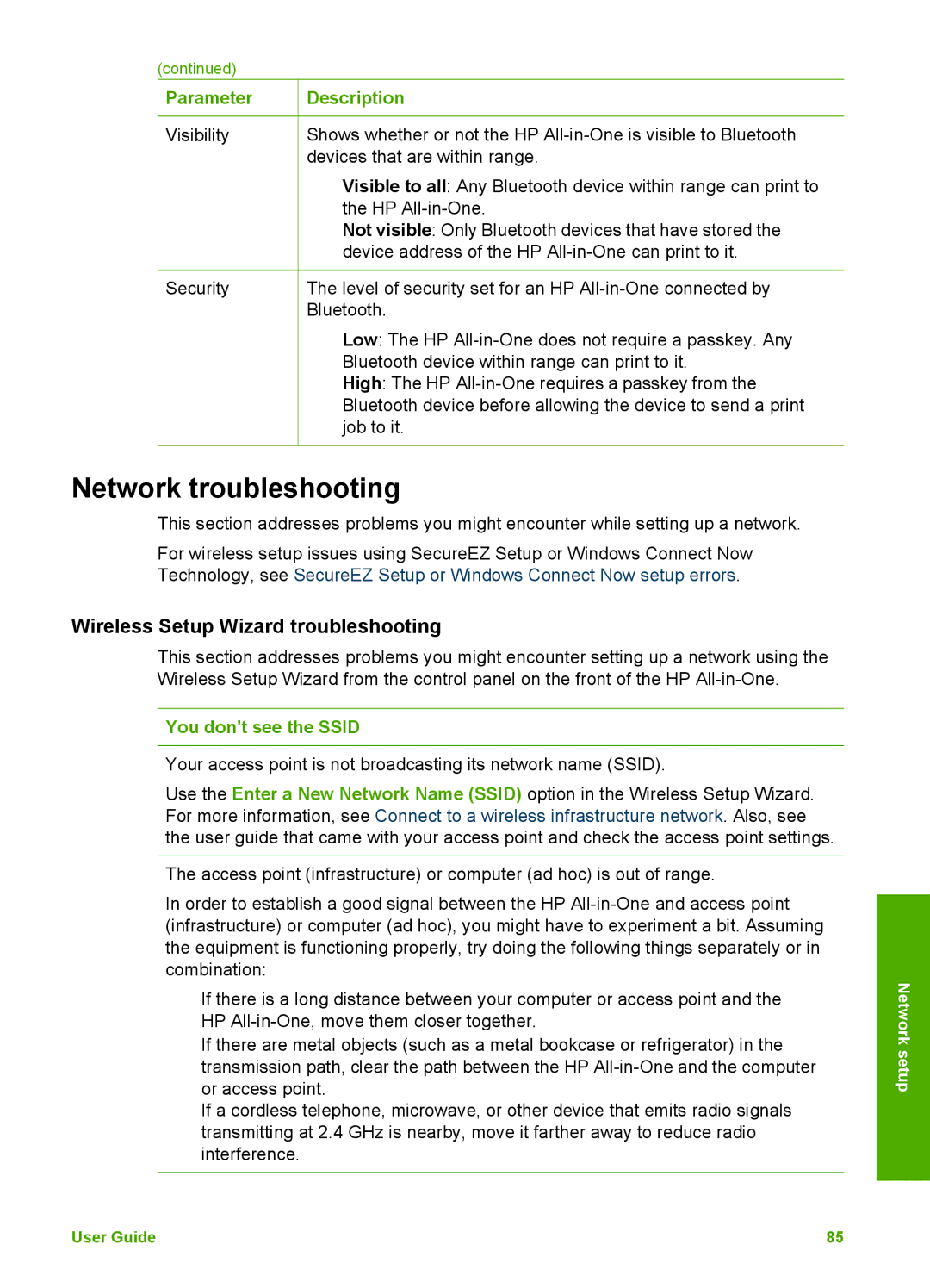 HP 3300 manual Network troubleshooting, Wireless Setup Wizard troubleshooting, You dont see the Ssid 