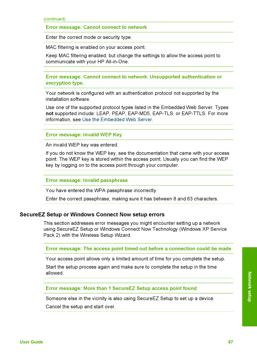 HP 3300 manual SecureEZ Setup or Windows Connect Now setup errors, Error message Invalid WEP Key 