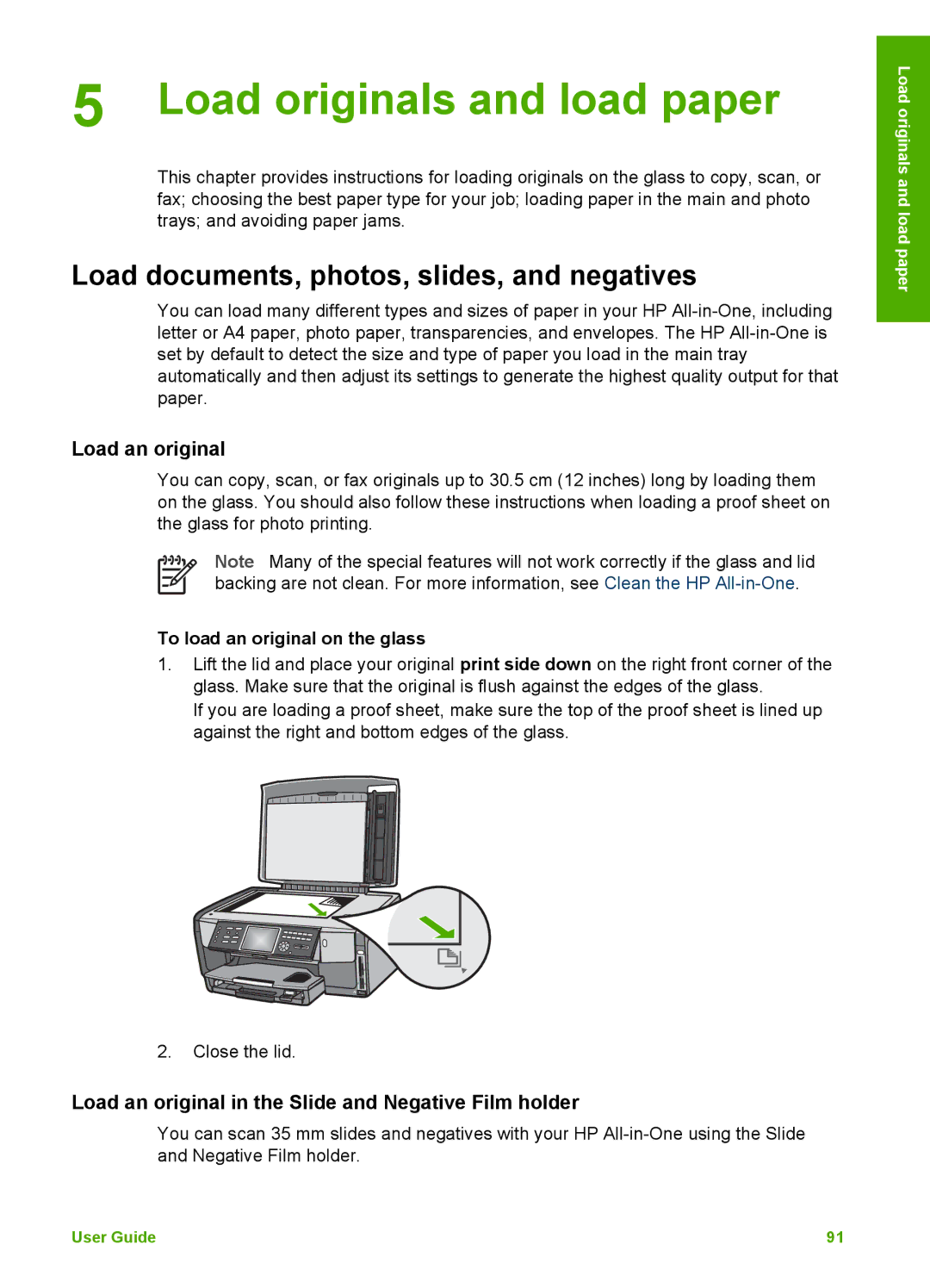 HP 3300 manual Load originals and load paper, Load documents, photos, slides, and negatives, Load an original 