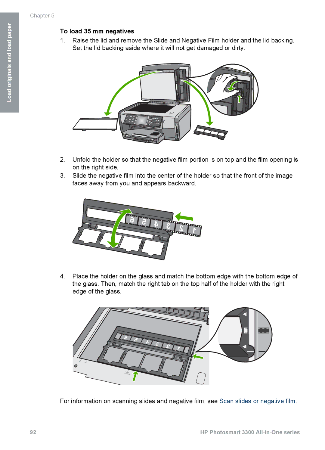 HP 3300 manual To load 35 mm negatives 