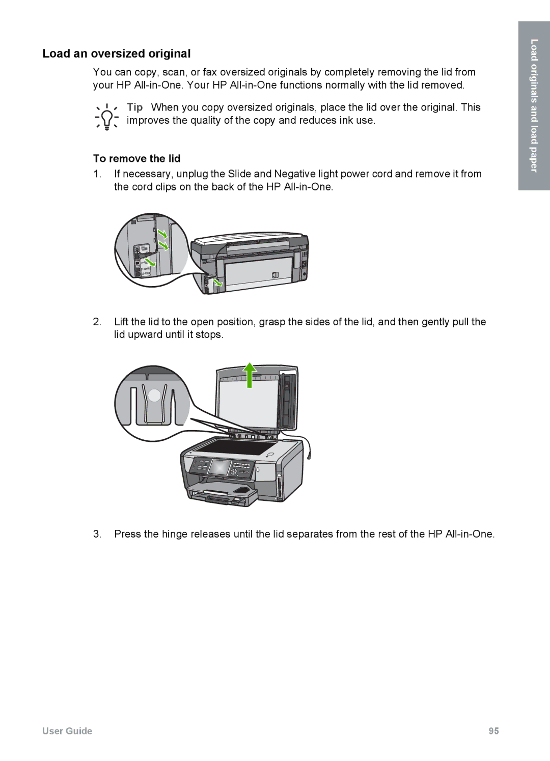 HP 3300 manual Load an oversized original, To remove the lid 