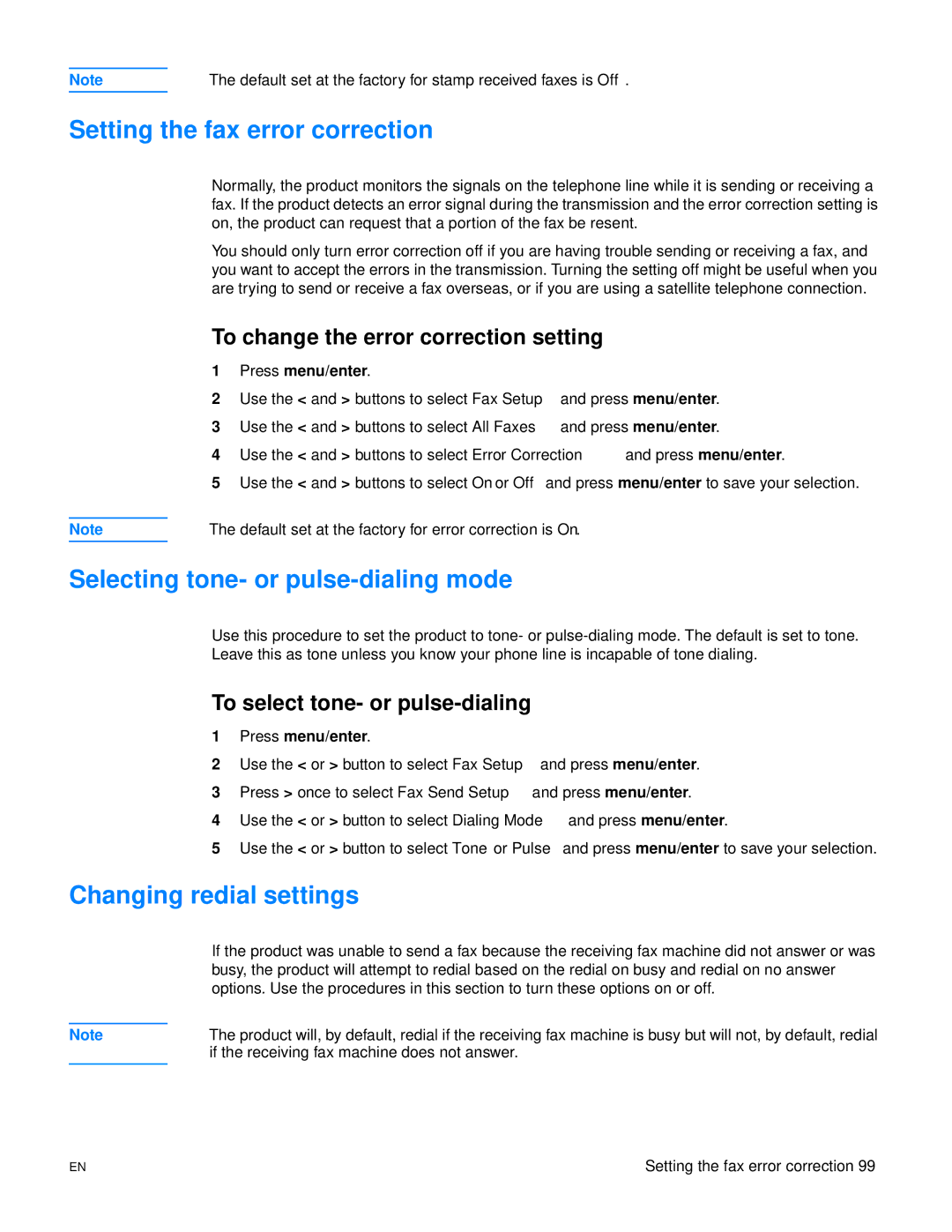 HP 3300mfp manual Setting the fax error correction, Selecting tone- or pulse-dialing mode, Changing redial settings 