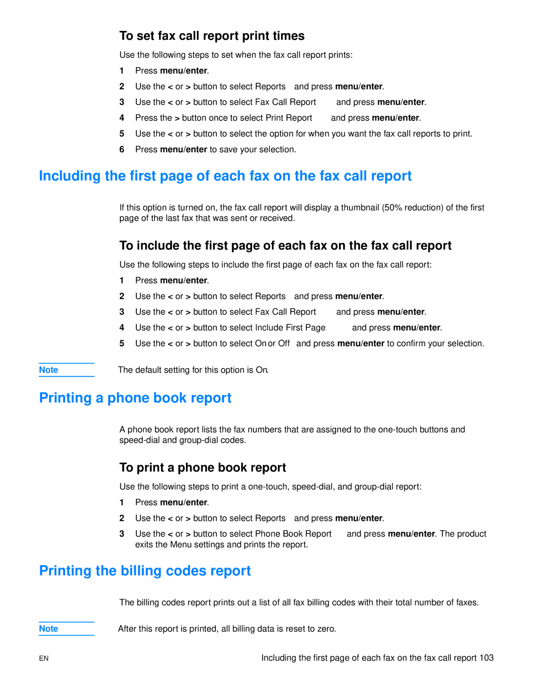 HP 3300mfp manual Including the first page of each fax on the fax call report, Printing a phone book report 