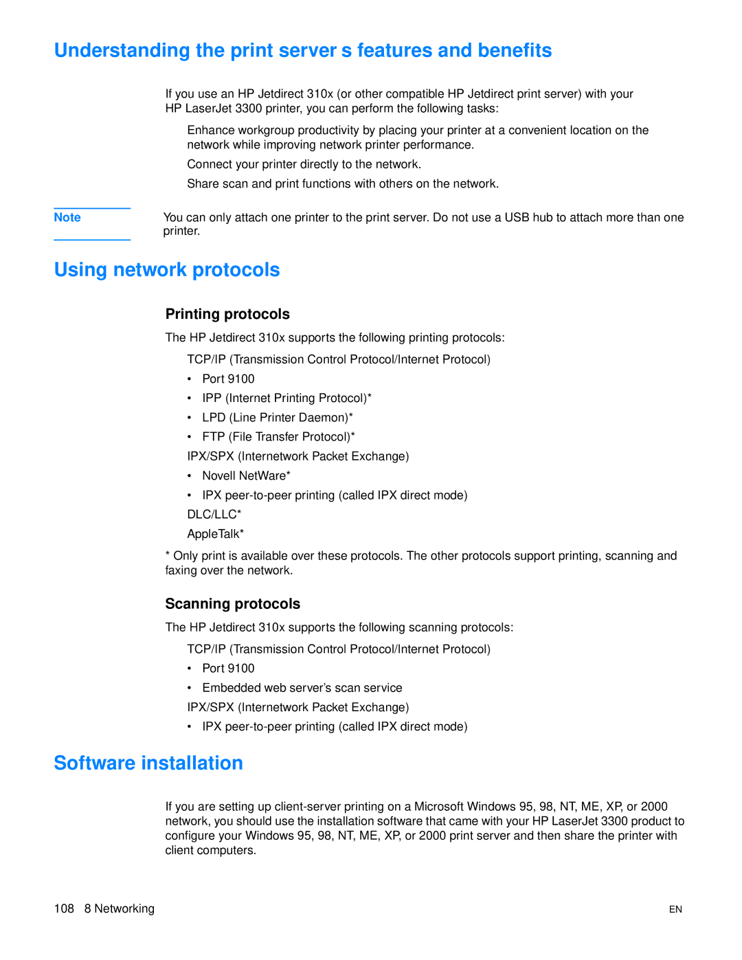 HP 3300mfp manual Understanding the print server’s features and benefits, Using network protocols, Software installation 