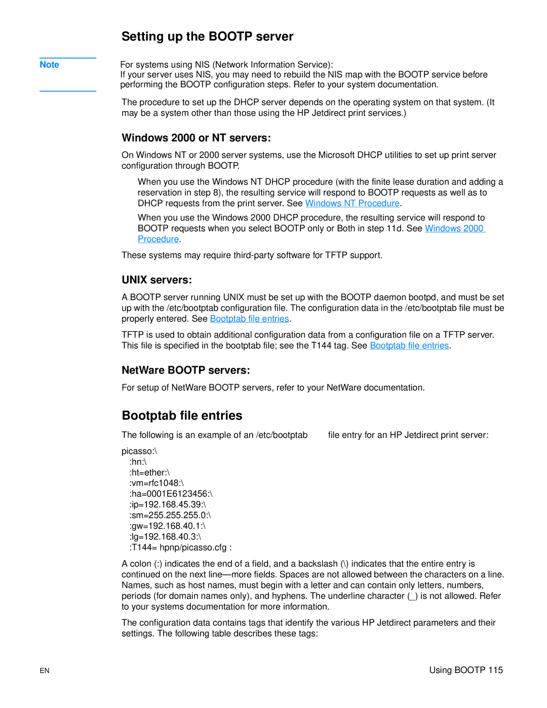 HP 3300mfp manual Setting up the Bootp server, Bootptab file entries, Windows 2000 or NT servers, Unix servers 