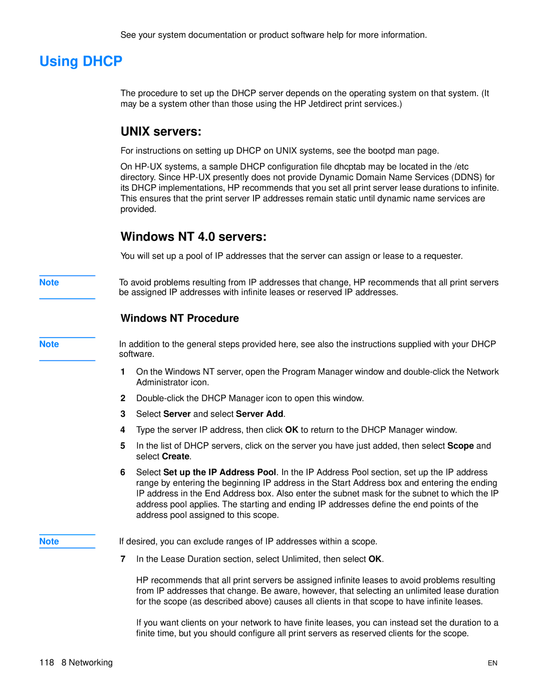 HP 3300mfp manual Using Dhcp, Unix servers, Windows NT 4.0 servers, Windows NT Procedure 