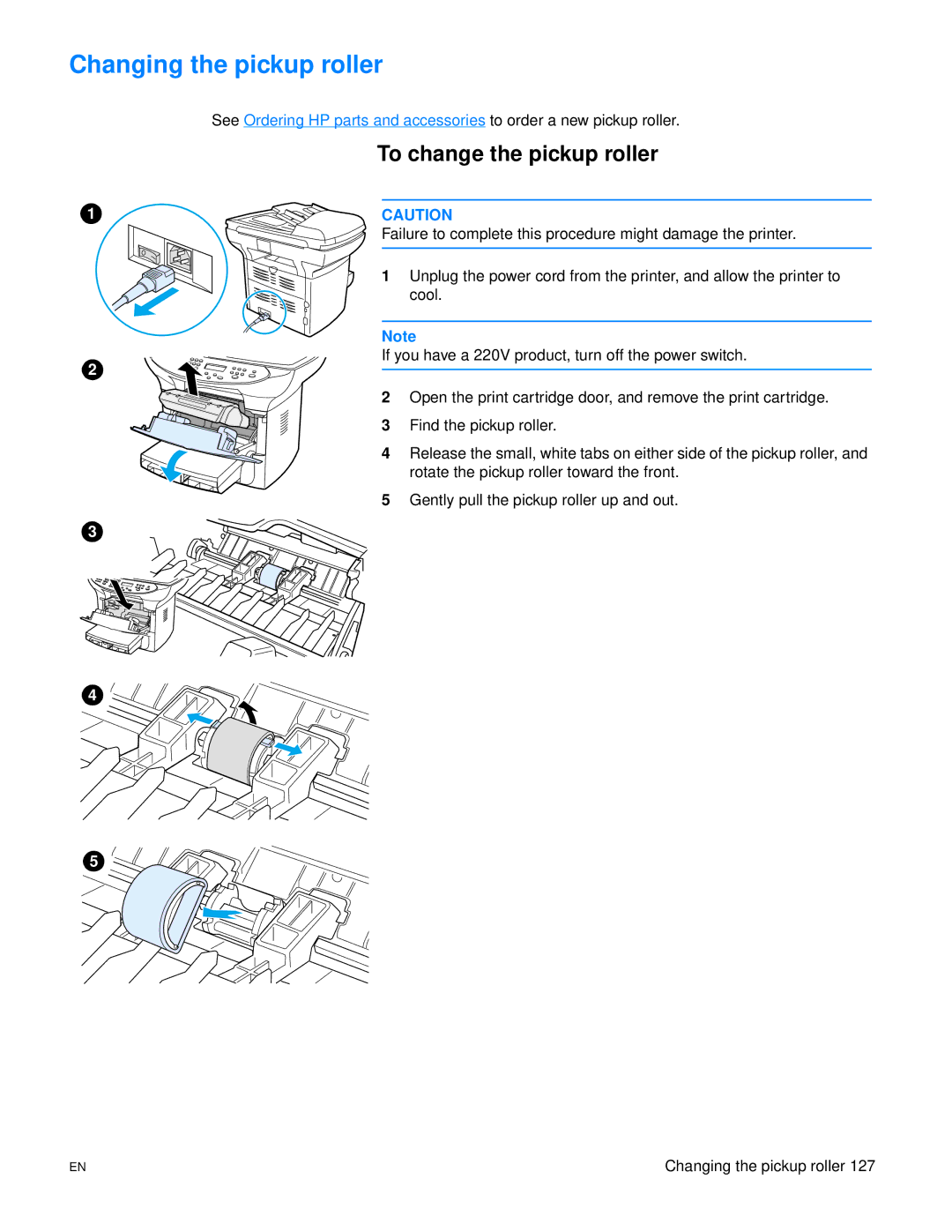 HP 3300mfp manual Changing the pickup roller, To change the pickup roller 