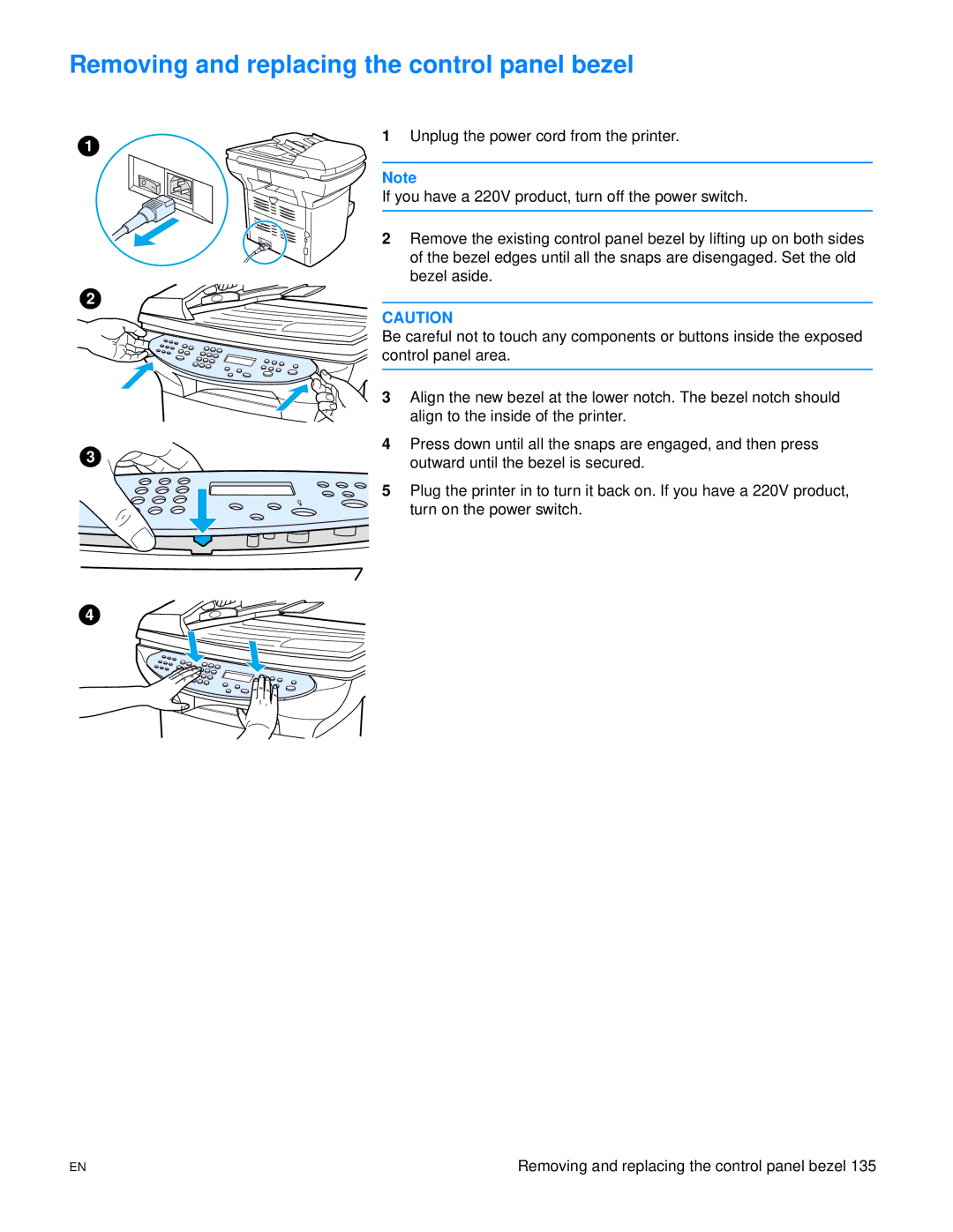 HP 3300mfp manual Removing and replacing the control panel bezel 