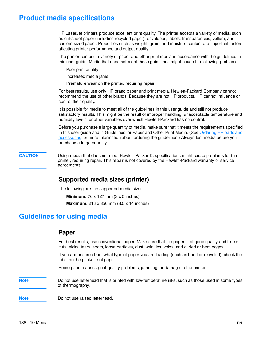 HP 3300mfp manual Product media specifications, Guidelines for using media, Supported media sizes printer, Paper 