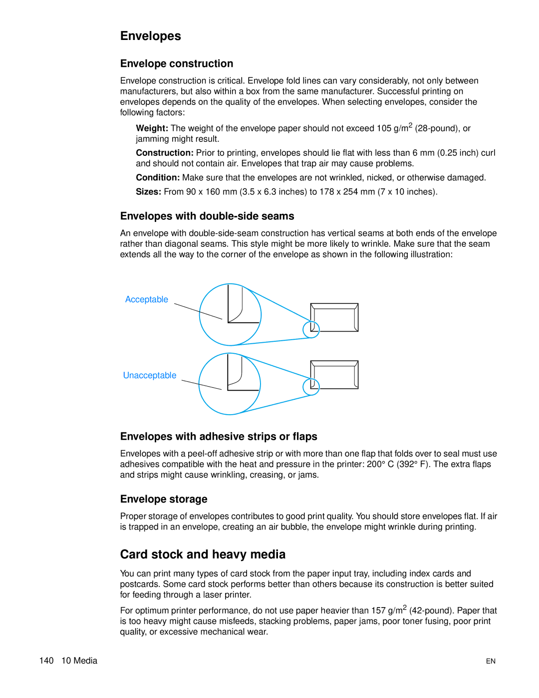 HP 3300mfp manual Envelopes, Card stock and heavy media 