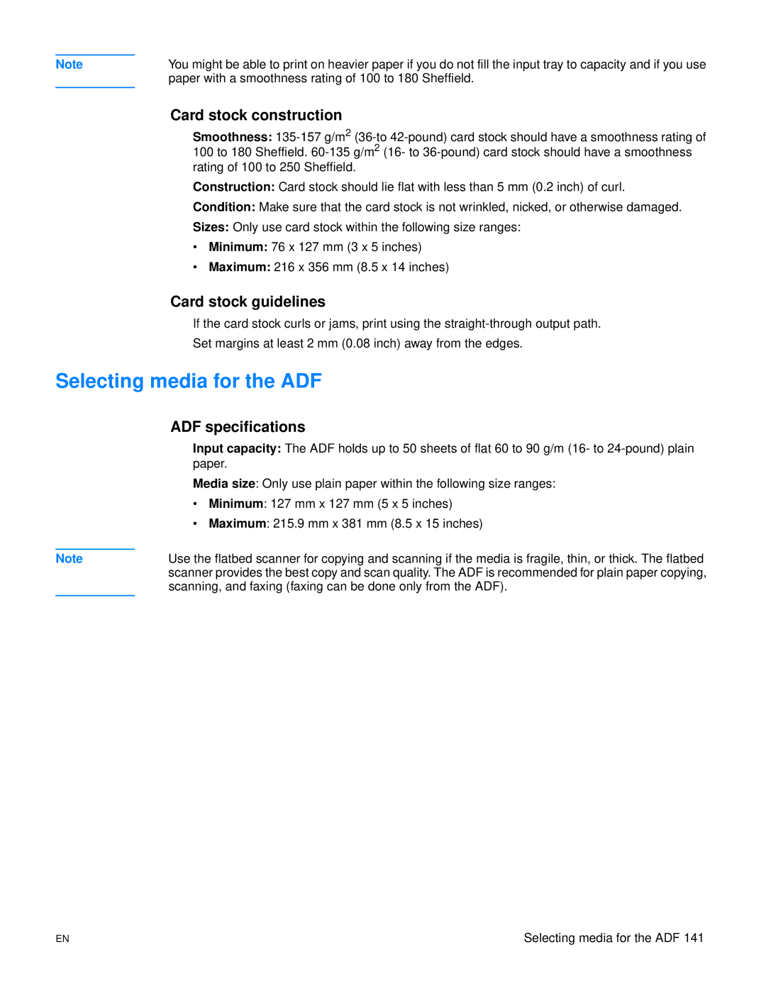 HP 3300mfp manual Selecting media for the ADF, Card stock construction, Card stock guidelines, ADF specifications 