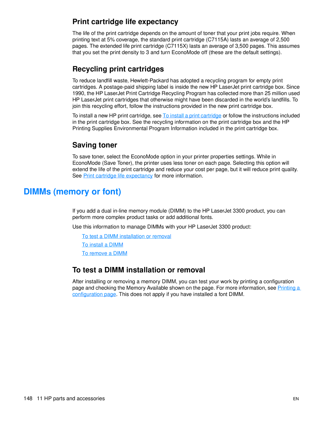 HP 3300mfp manual DIMMs memory or font, Print cartridge life expectancy, Recycling print cartridges, Saving toner 