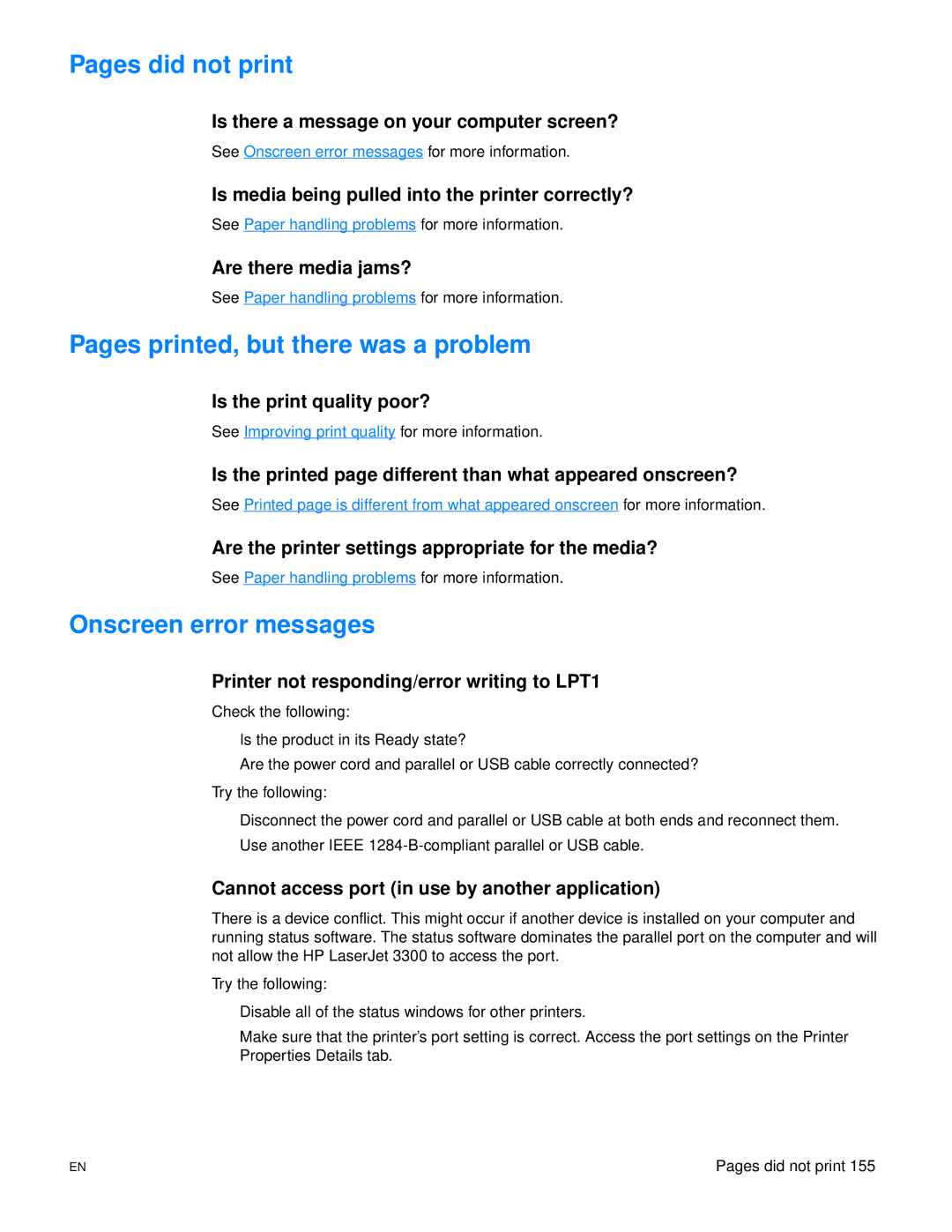 HP 3300mfp manual Pages did not print, Pages printed, but there was a problem, Onscreen error messages 