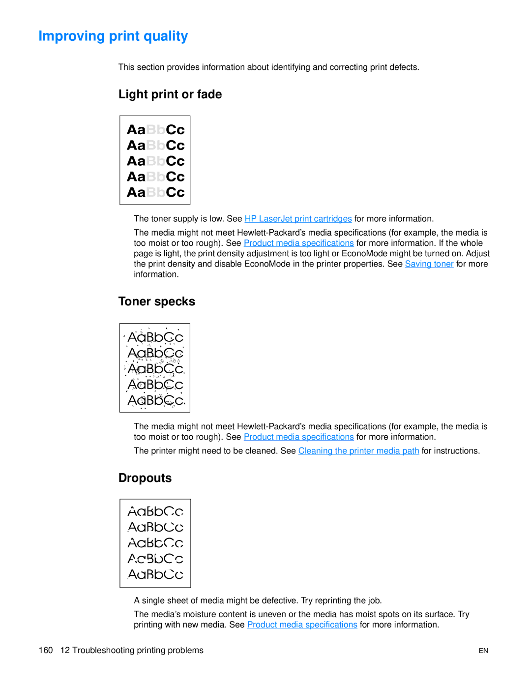 HP 3300mfp manual Improving print quality, Light print or fade, Toner specks 