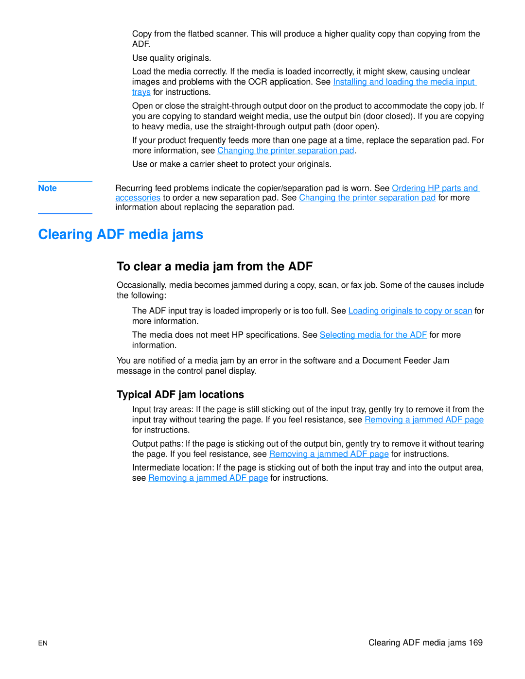 HP 3300mfp manual Clearing ADF media jams, To clear a media jam from the ADF, Typical ADF jam locations 