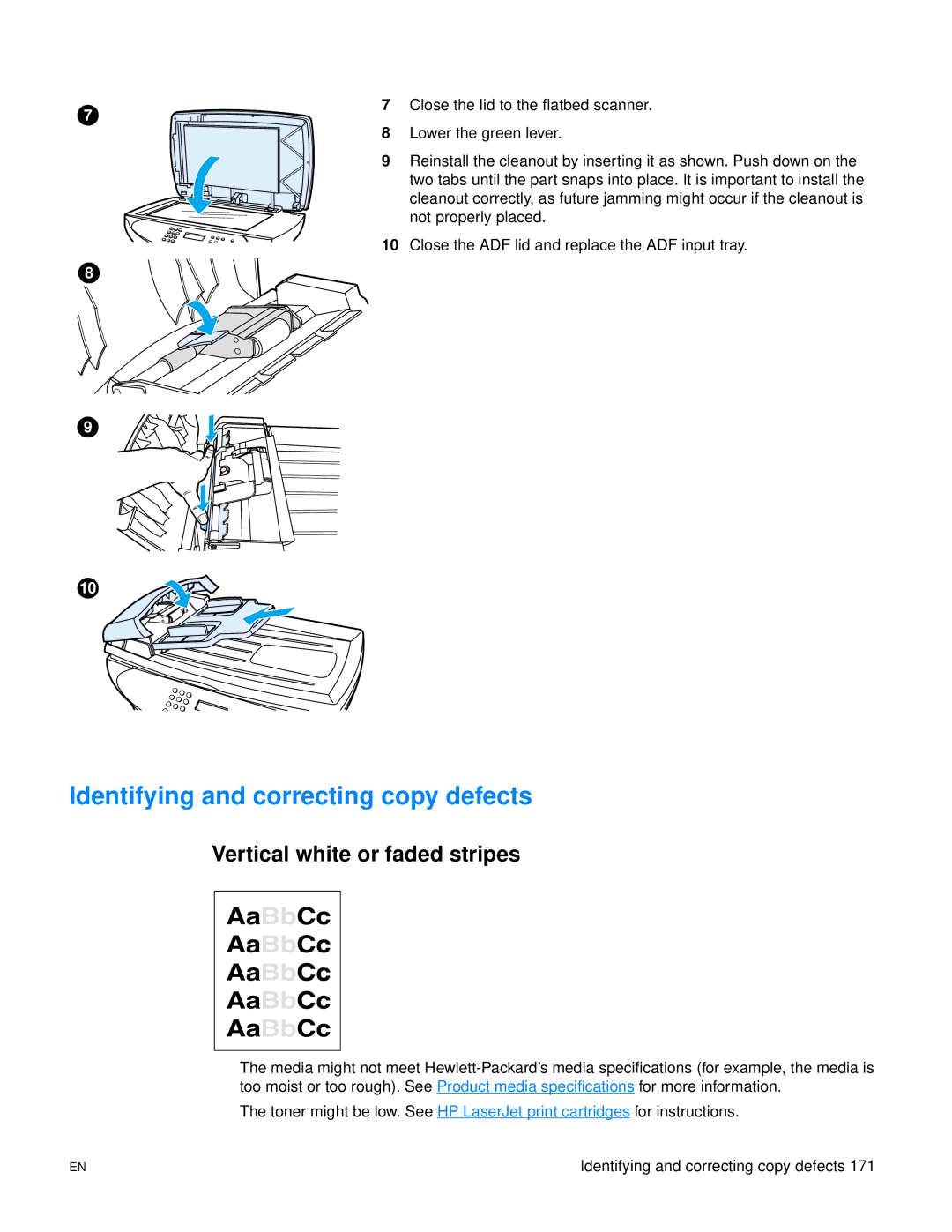 HP 3300mfp manual Identifying and correcting copy defects, Vertical white or faded stripes 