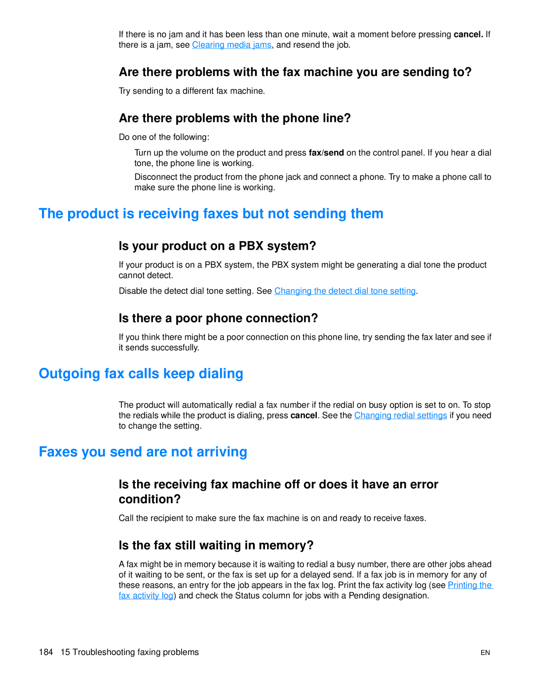 HP 3300mfp manual Product is receiving faxes but not sending them, Outgoing fax calls keep dialing 