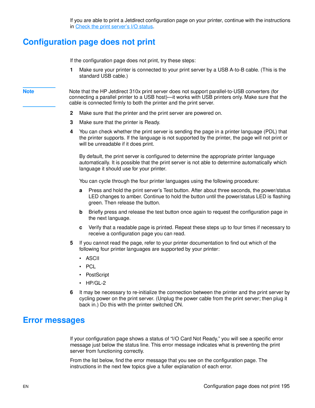 HP 3300mfp manual Configuration page does not print, Error messages 