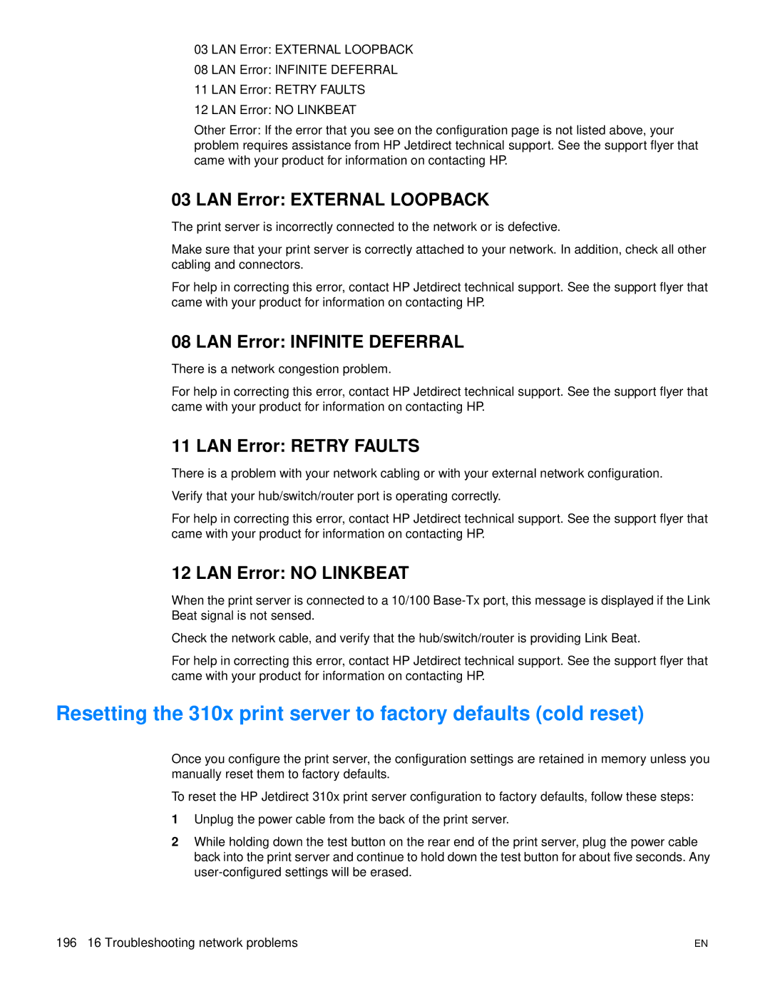 HP 3300mfp manual LAN Error External Loopback, LAN Error Infinite Deferral, LAN Error Retry Faults, LAN Error no Linkbeat 