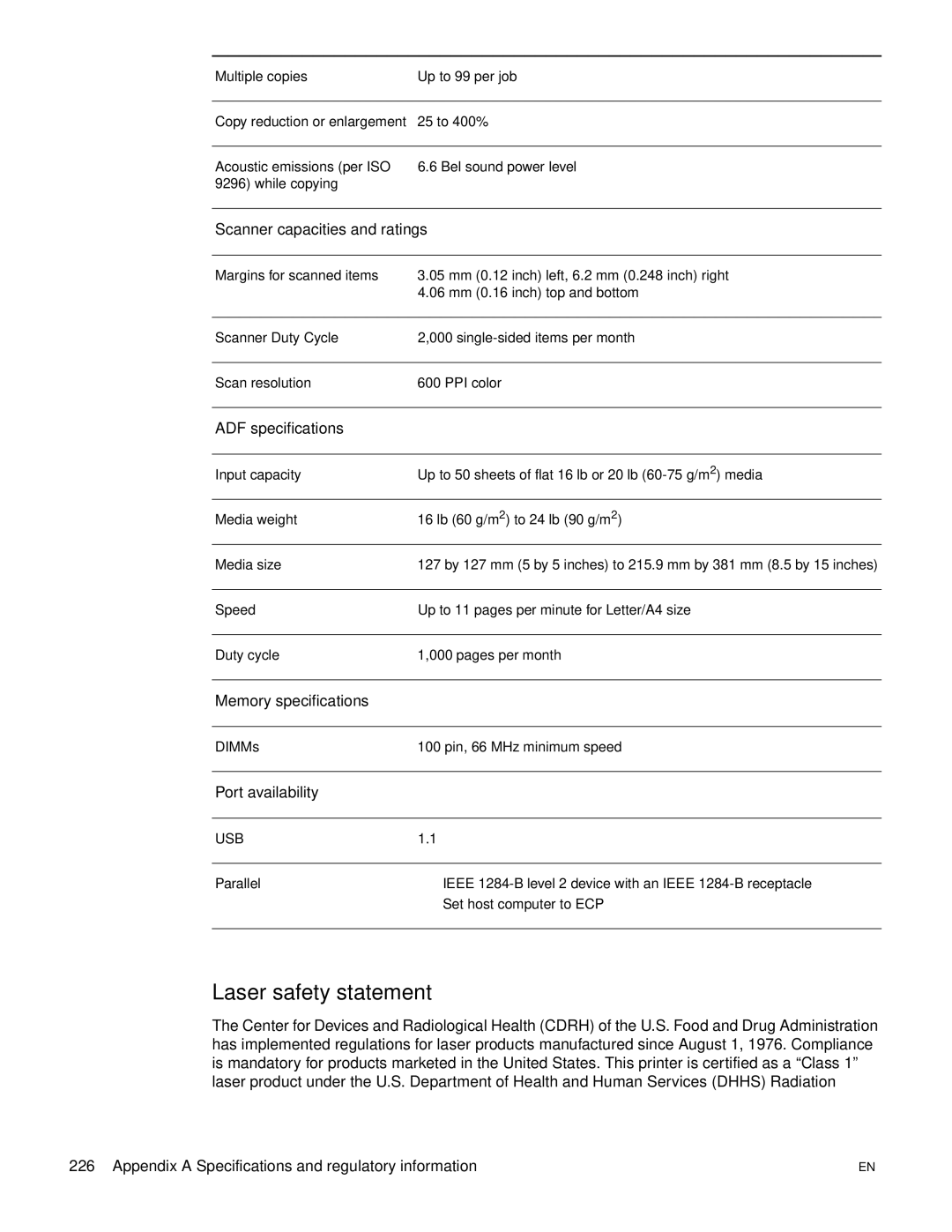 HP 3300mfp manual Laser safety statement, Scanner capacities and ratings, ADF specifications, Memory specifications 