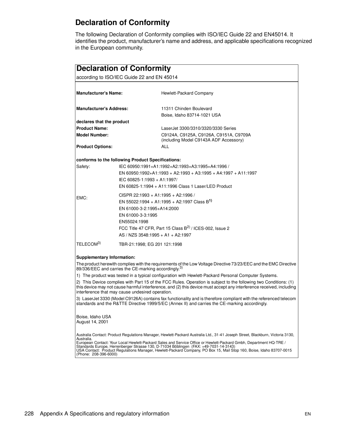 HP 3300mfp manual Declaration of Conformity, According to ISO/IEC Guide 22 and EN 