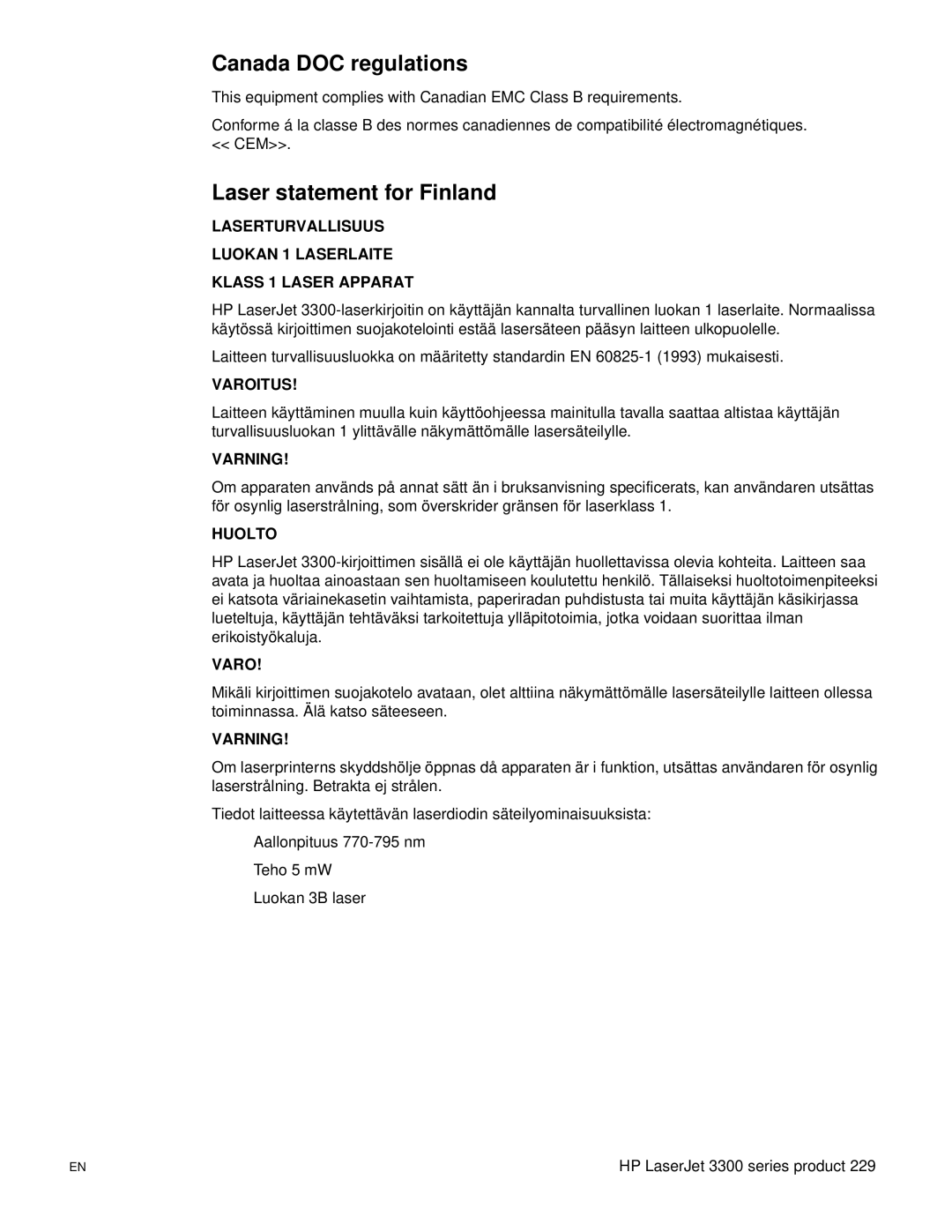 HP 3300mfp manual Canada DOC regulations, Laser statement for Finland 