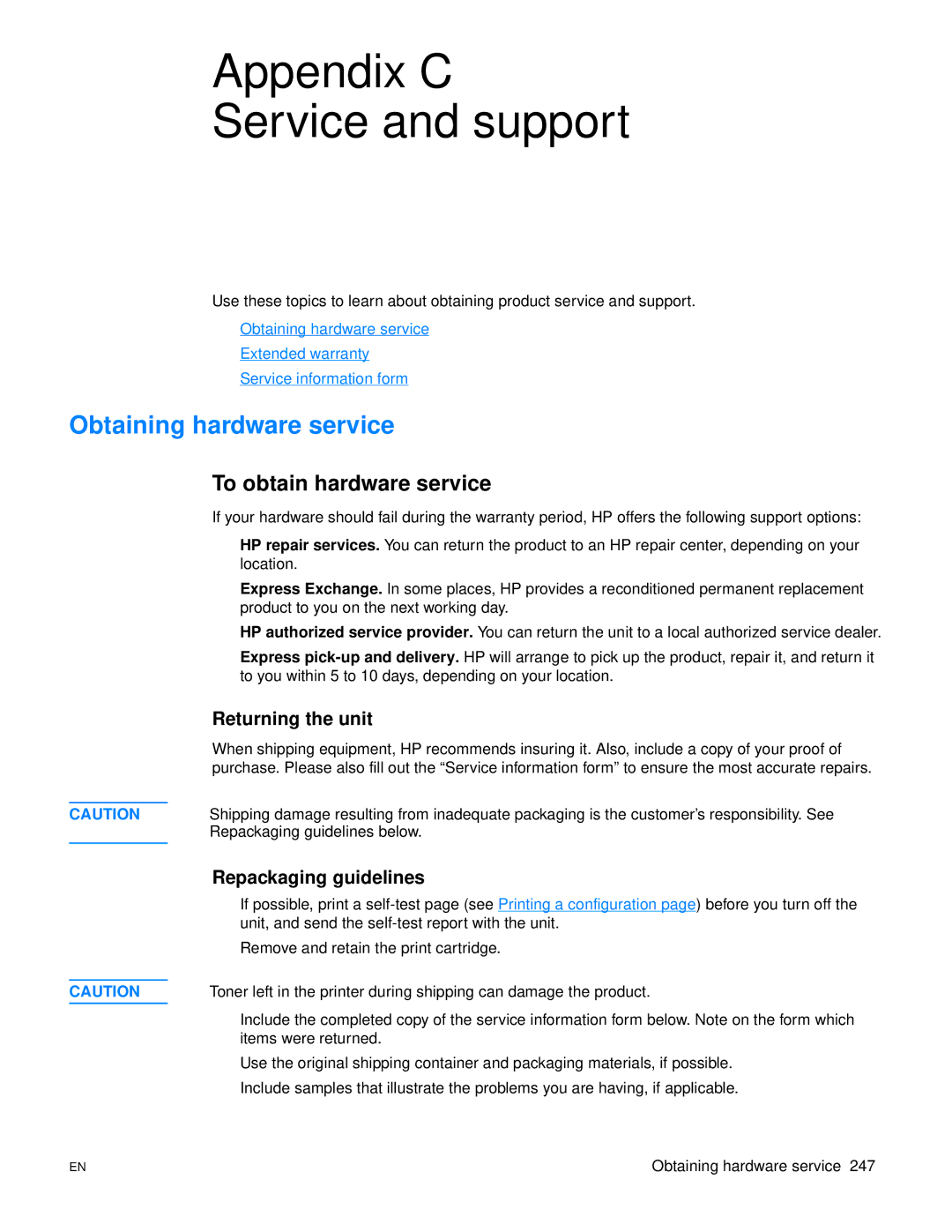 HP 3300mfp Appendix C Service and support, Obtaining hardware service, To obtain hardware service, Returning the unit 