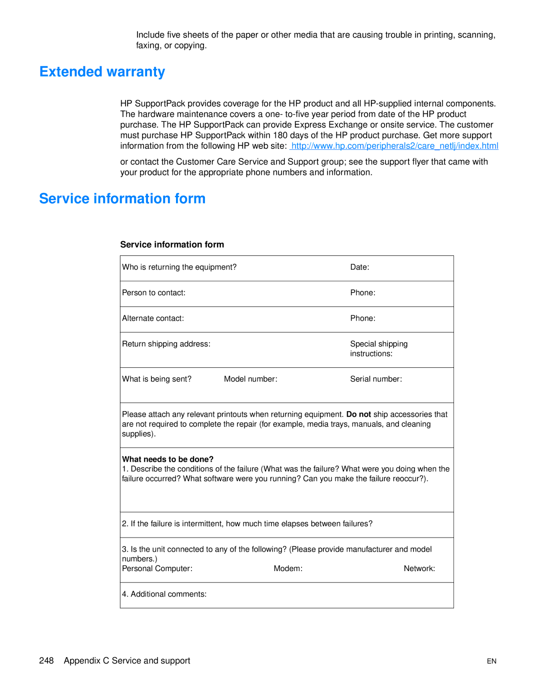 HP 3300mfp manual Extended warranty, Service information form 