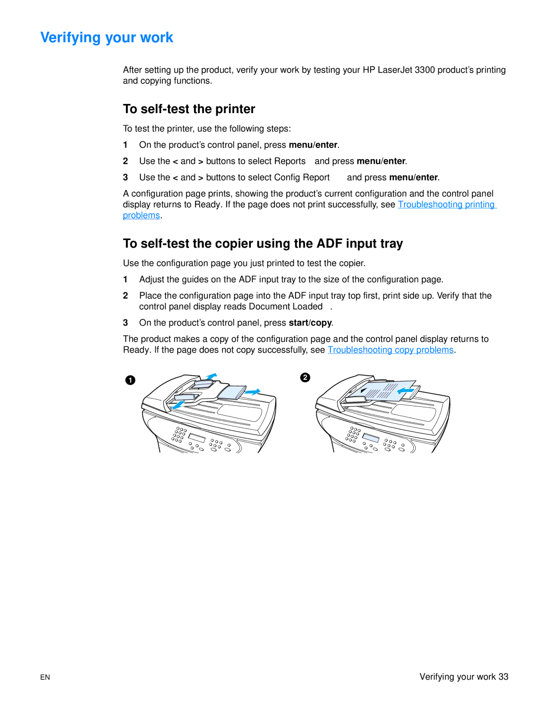 HP 3300mfp manual Verifying your work, To self-test the printer, To self-test the copier using the ADF input tray 