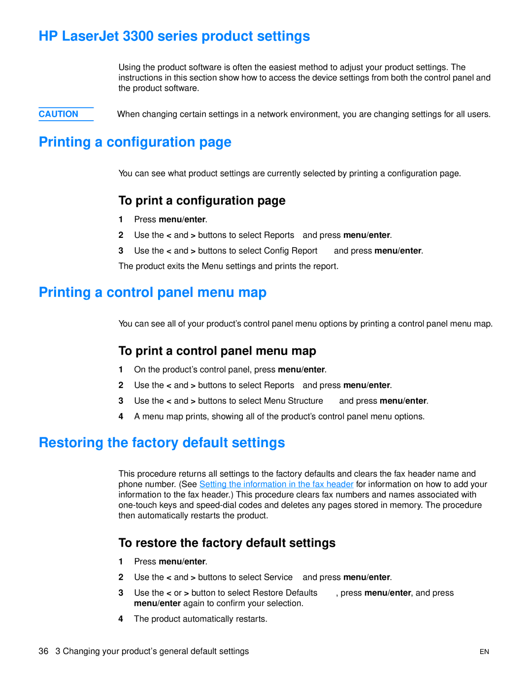 HP 3300mfp manual HP LaserJet 3300 series product settings, Printing a configuration, Printing a control panel menu map 