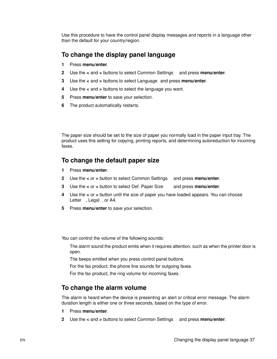 HP 3300mfp manual Changing the display panel language, Changing the default paper size, Using the product’s volume controls 