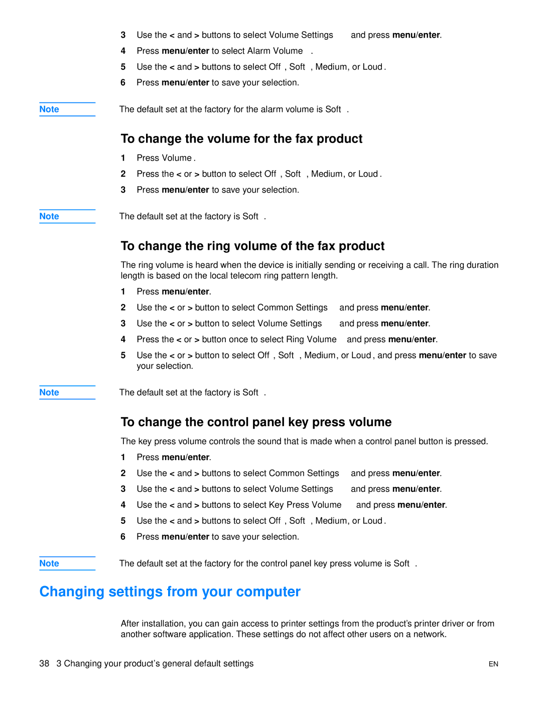 HP 3300mfp manual Changing settings from your computer, To change the volume for the fax product 