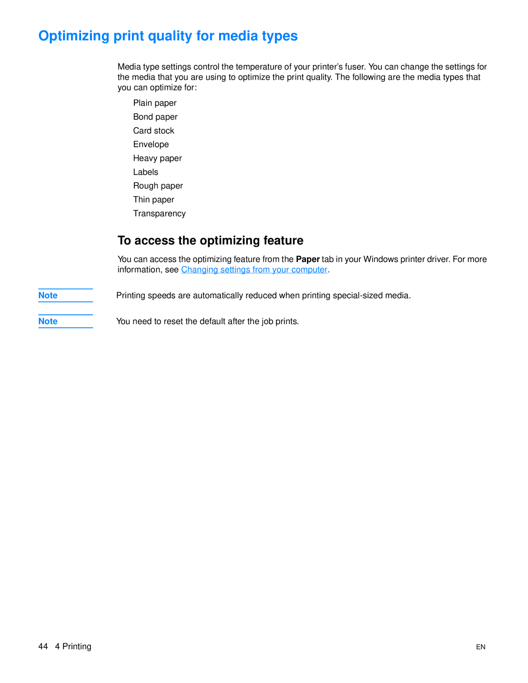 HP 3300mfp manual Optimizing print quality for media types, To access the optimizing feature 