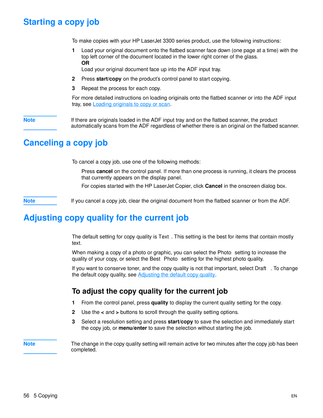 HP 3300mfp manual Starting a copy job, Canceling a copy job, Adjusting copy quality for the current job 