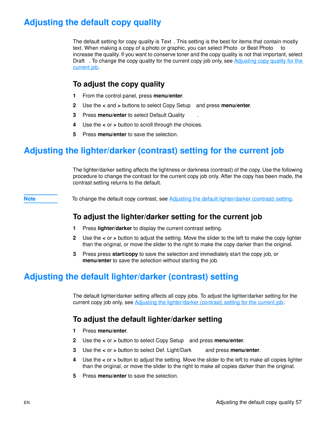 HP 3300mfp manual Adjusting the default copy quality, Adjusting the default lighter/darker contrast setting 