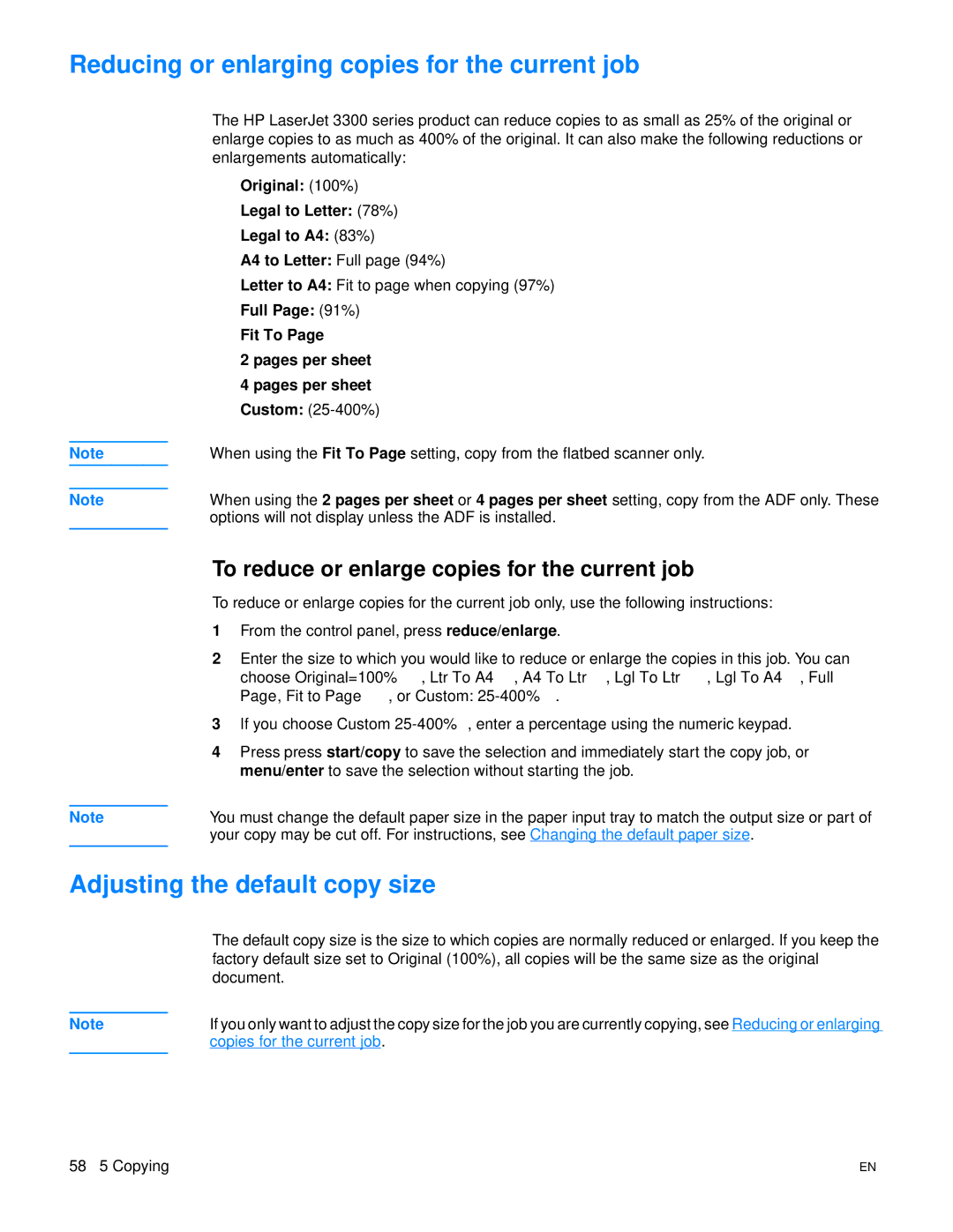 HP 3300mfp manual Reducing or enlarging copies for the current job, Adjusting the default copy size 