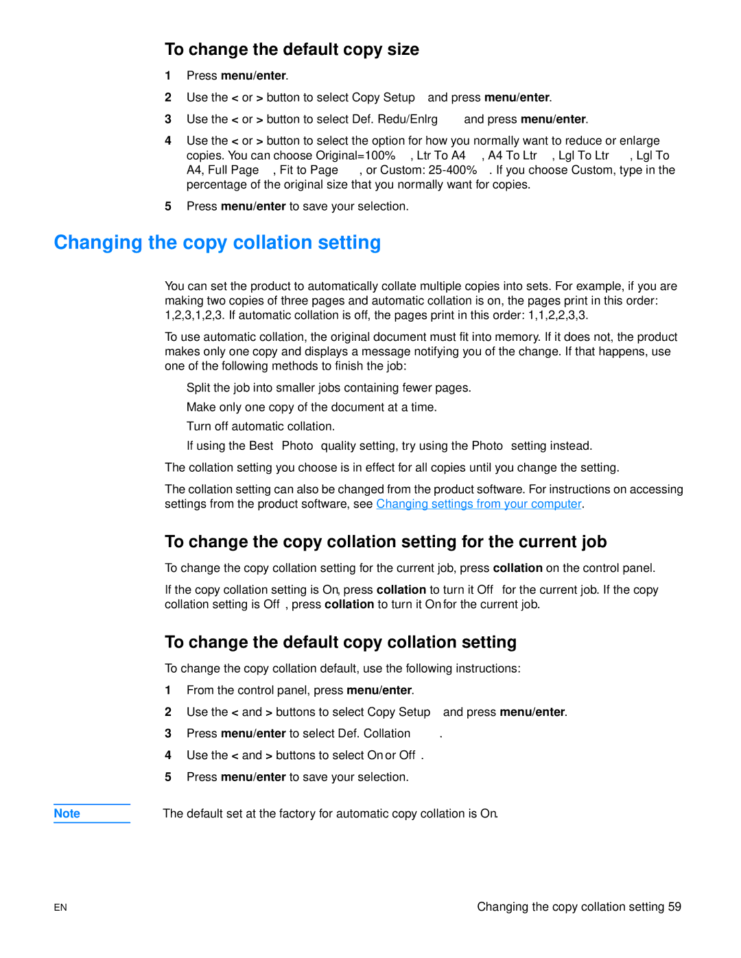 HP 3300mfp manual Changing the copy collation setting, To change the default copy size 