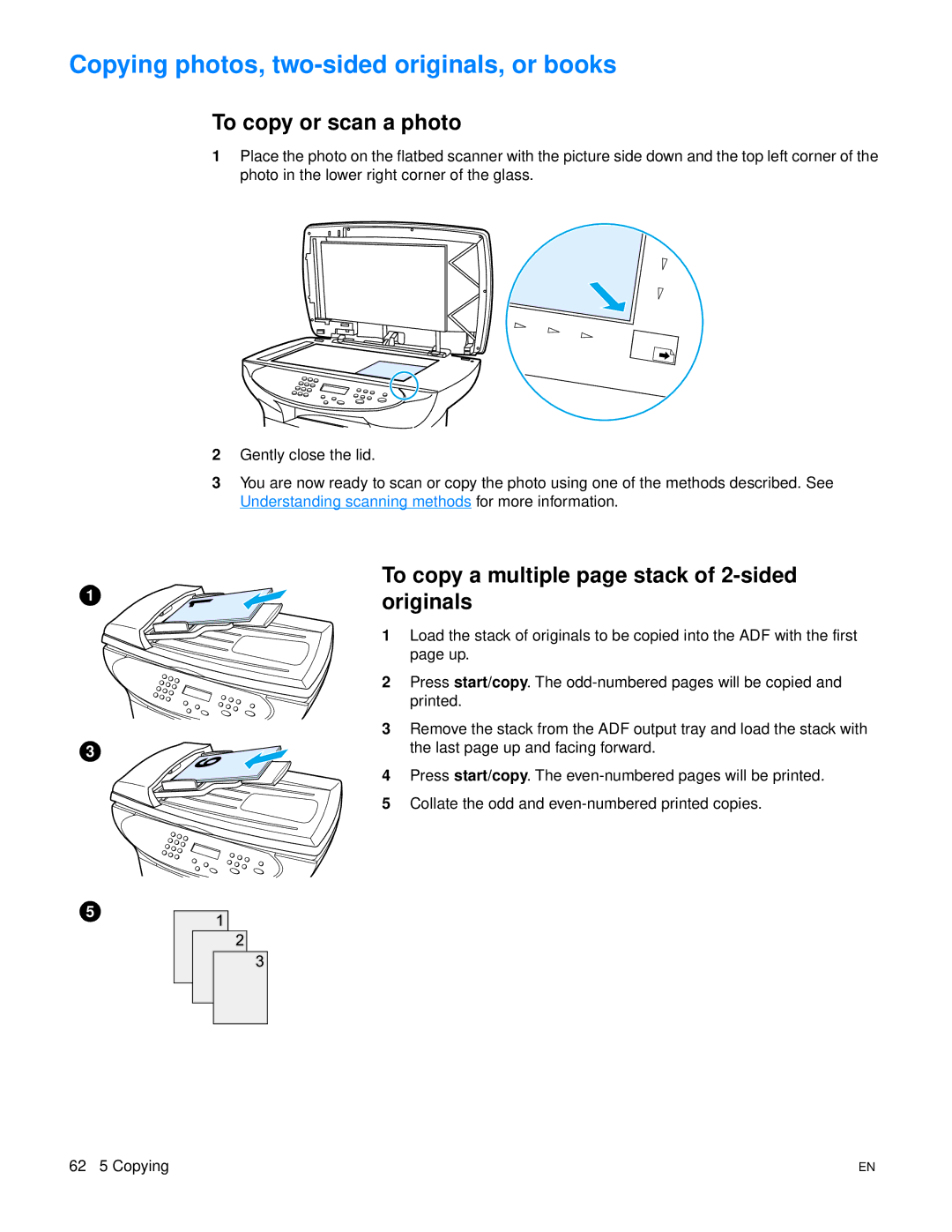 HP 3300mfp manual Copying photos, two-sided originals, or books, To copy or scan a photo 