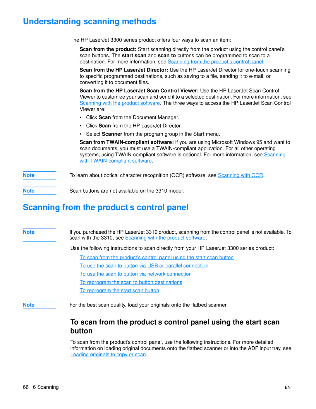 HP 3300mfp manual Understanding scanning methods, Scanning from the product’s control panel 