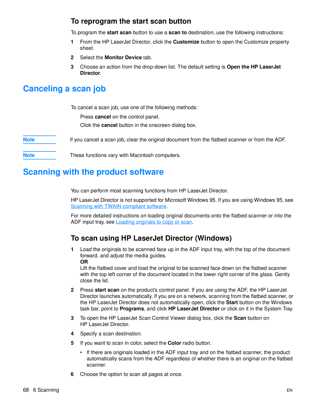 HP 3300mfp manual Canceling a scan job, Scanning with the product software, To reprogram the start scan button 