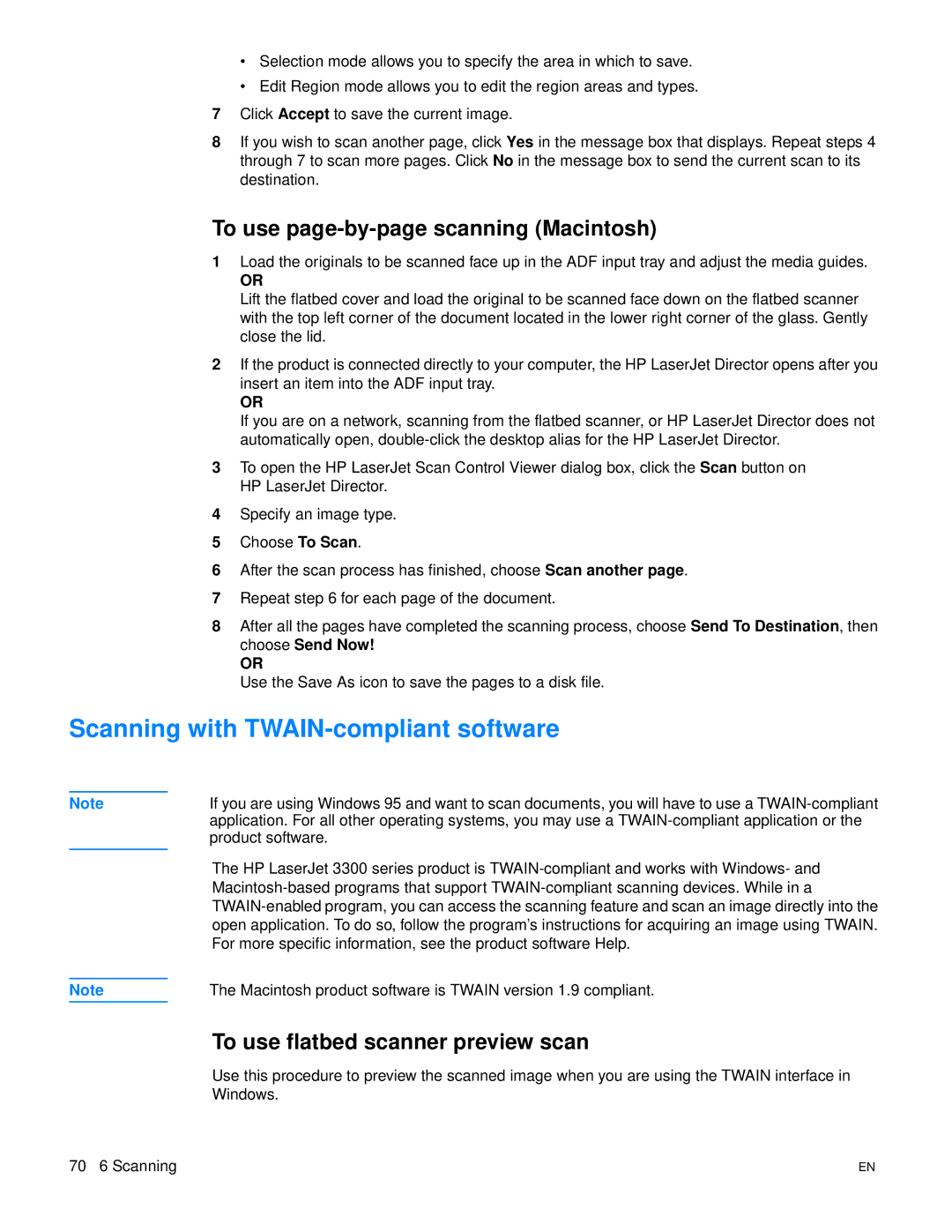 HP 3300mfp manual Scanning with TWAIN-compliant software, To use page-by-page scanning Macintosh 