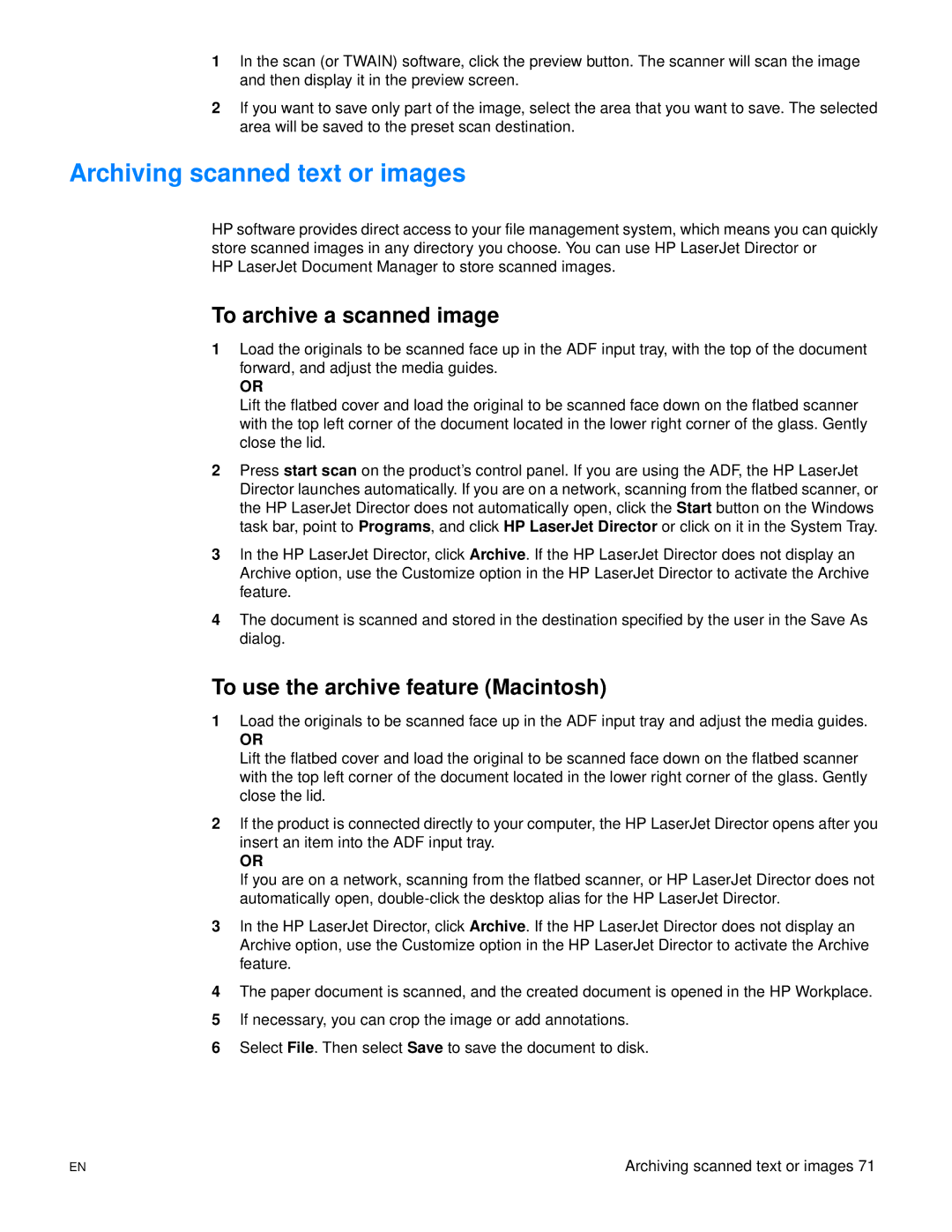 HP 3300mfp manual Archiving scanned text or images, To archive a scanned image, To use the archive feature Macintosh 