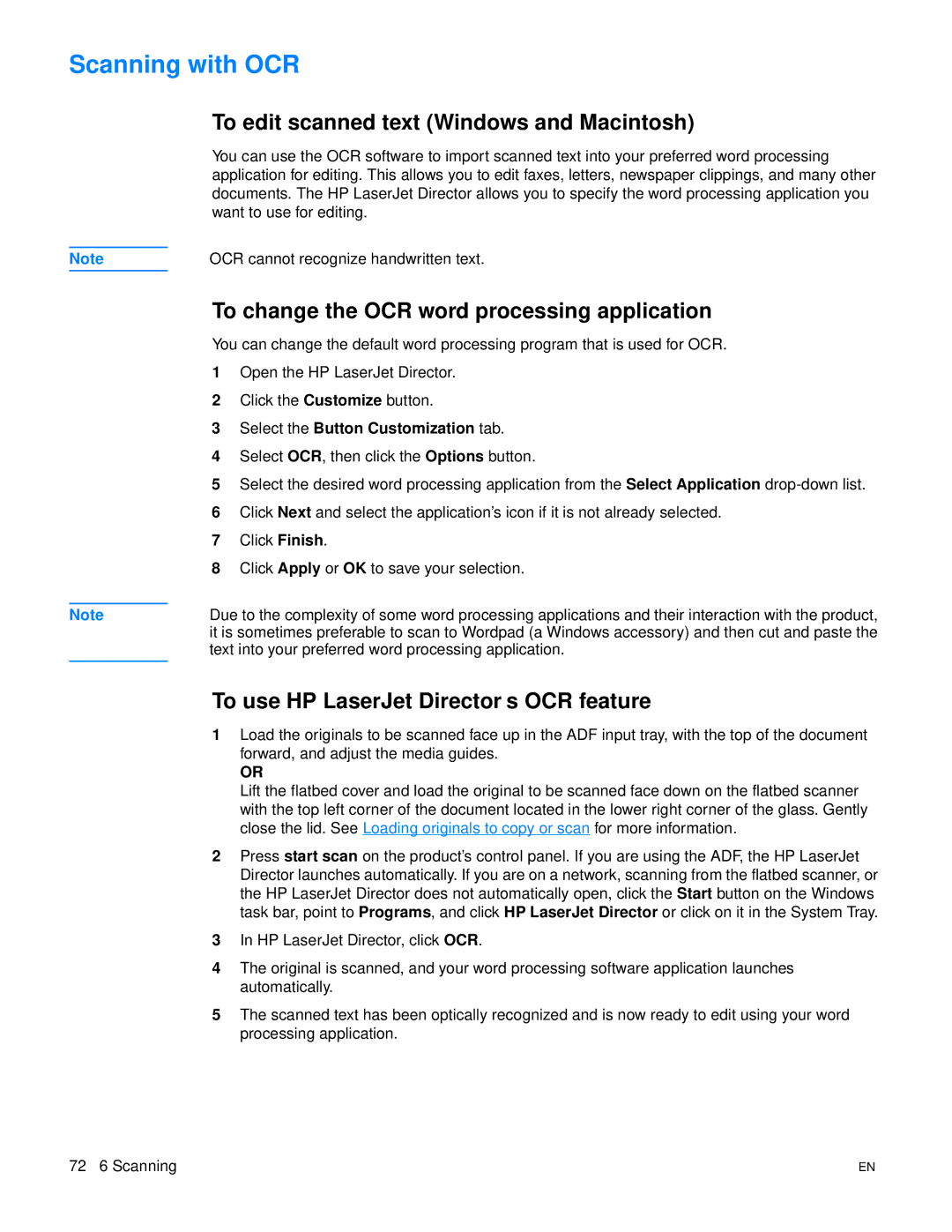 HP 3300mfp Scanning with OCR, To edit scanned text Windows and Macintosh, To change the OCR word processing application 