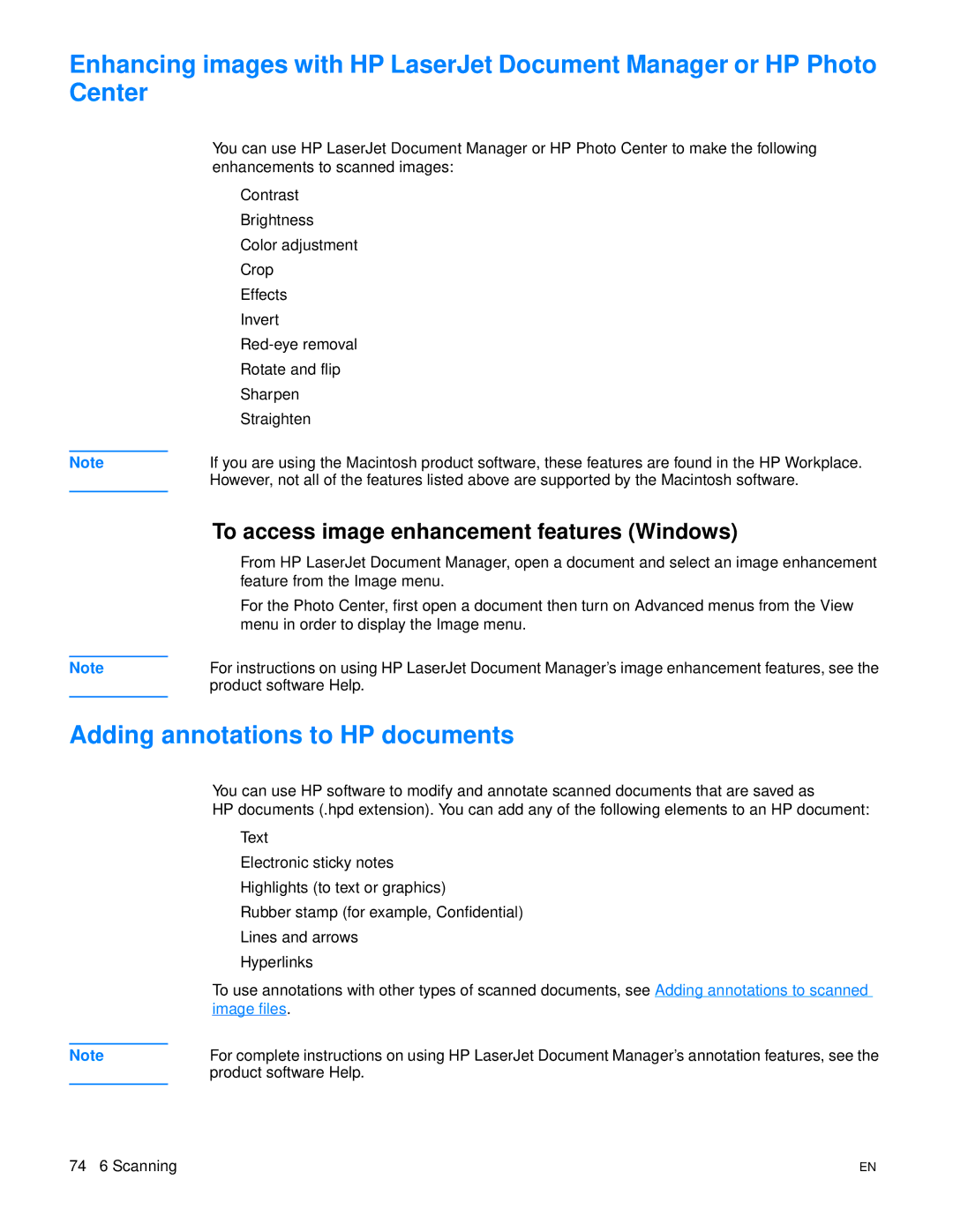 HP 3300mfp manual Adding annotations to HP documents, To access image enhancement features Windows 