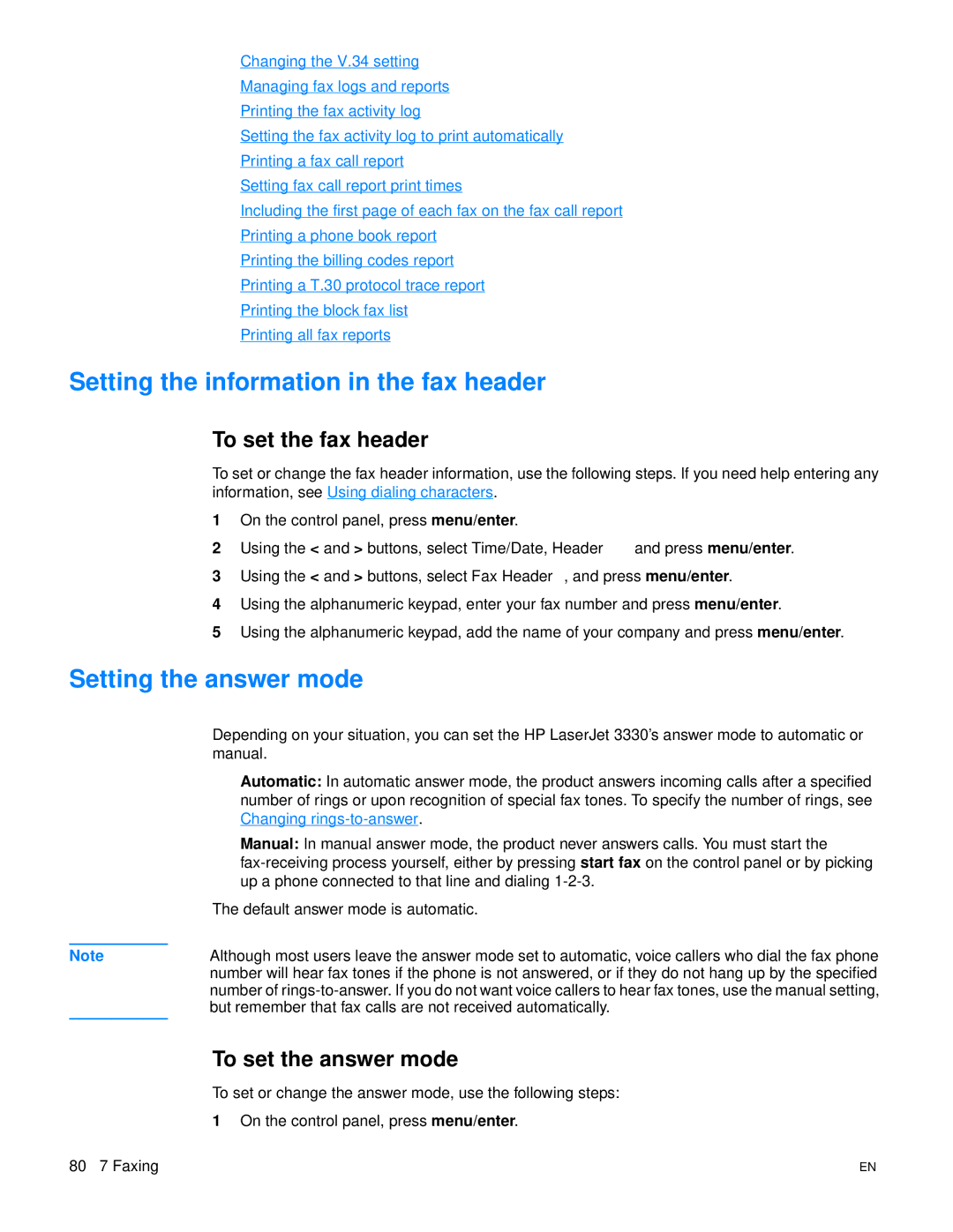 HP 3300mfp manual Setting the information in the fax header, Setting the answer mode, To set the fax header 