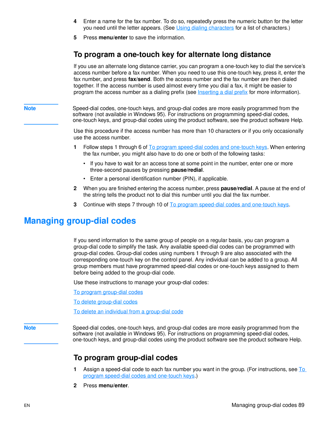 HP 3300mfp Managing group-dial codes, To program a one-touch key for alternate long distance, To program group-dial codes 