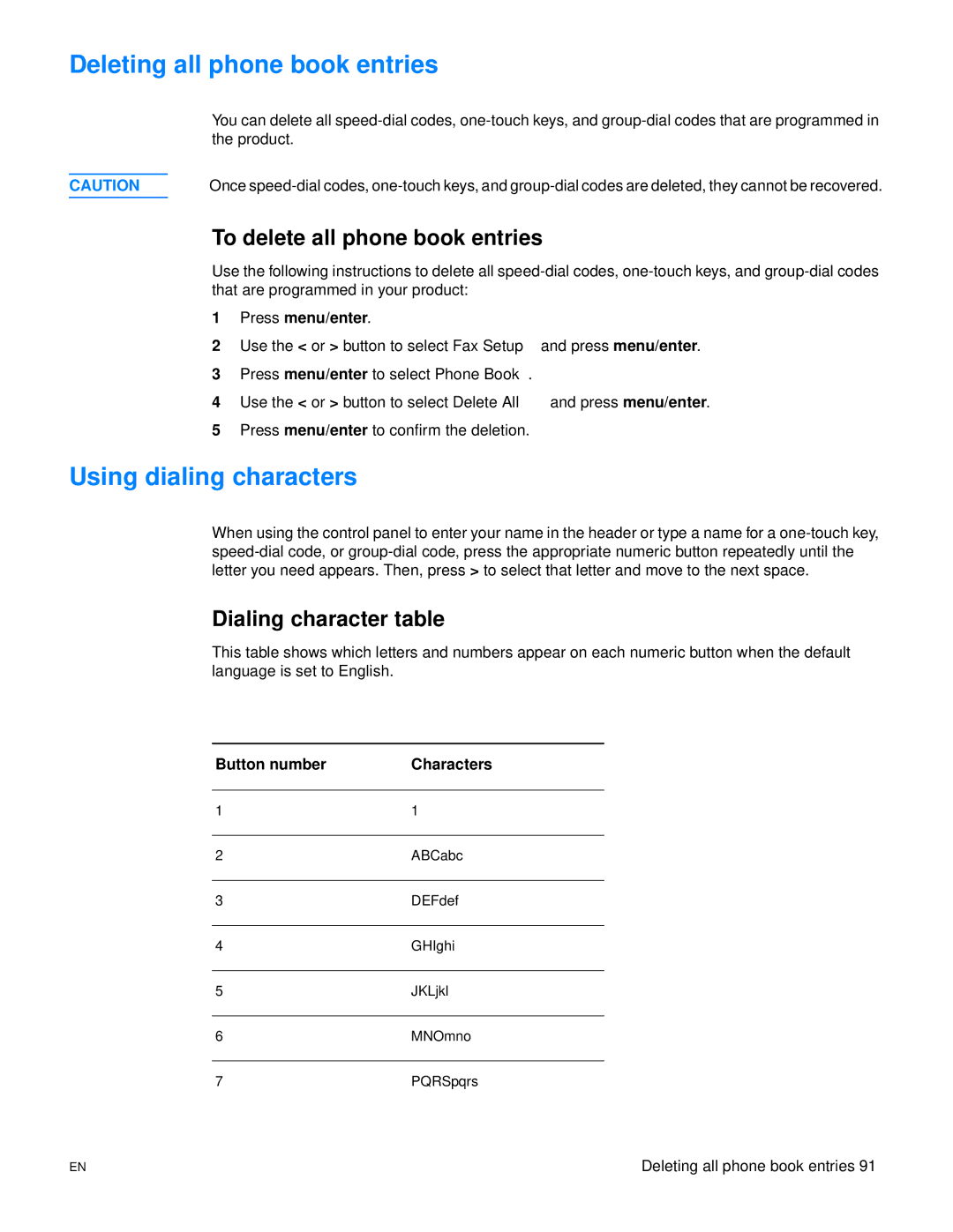 HP 3300mfp manual Deleting all phone book entries, Using dialing characters, To delete all phone book entries 